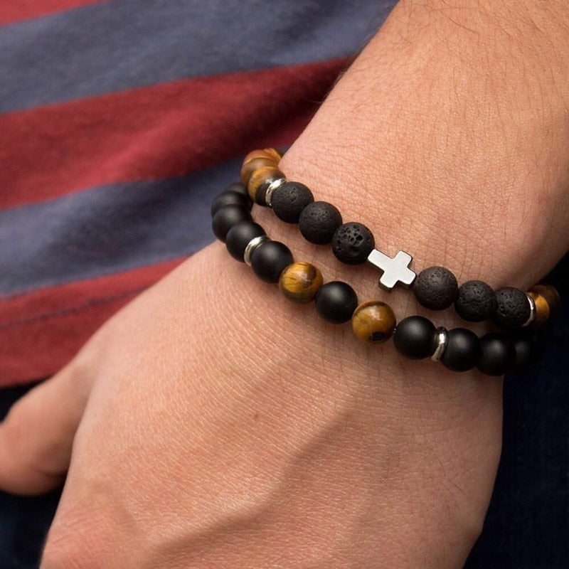 Tiger Eye Stone Bead Charm Men Bracelet