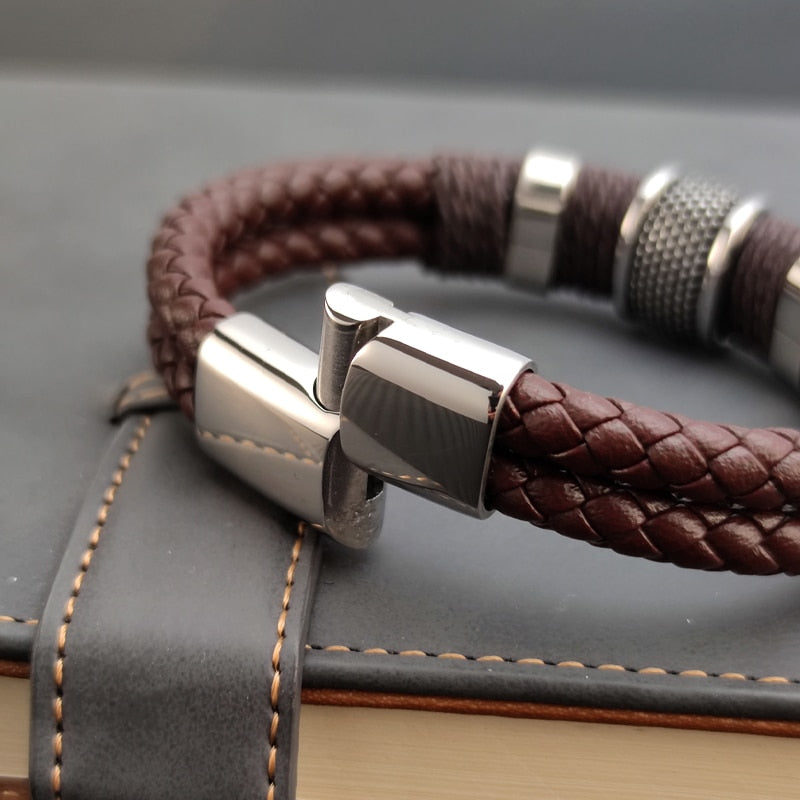 Stainless Steel Men Leather Bracelet